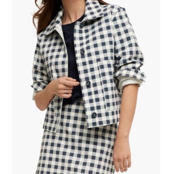 Isaac Mizrahi Crop Jacket XXL Navy White Gingham Stretch - Picture 1 of 11